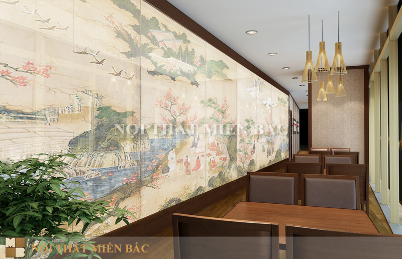 Thiết kế nội thất nhà hàng kiểu Nhật cao cấp với vách ngăn hiện đại và chuyên nghiệp